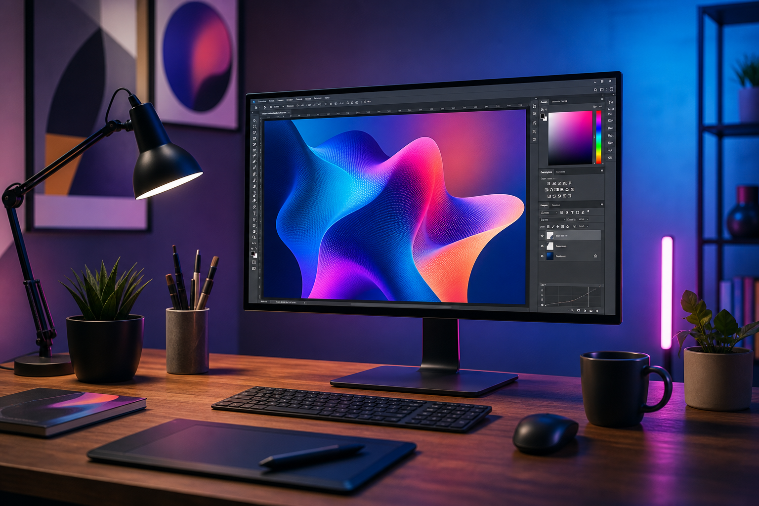 A professional designer workstationusing Adobe Photoshop 2026 on a high-end monitor with AI-powered selection tools highlighted.
