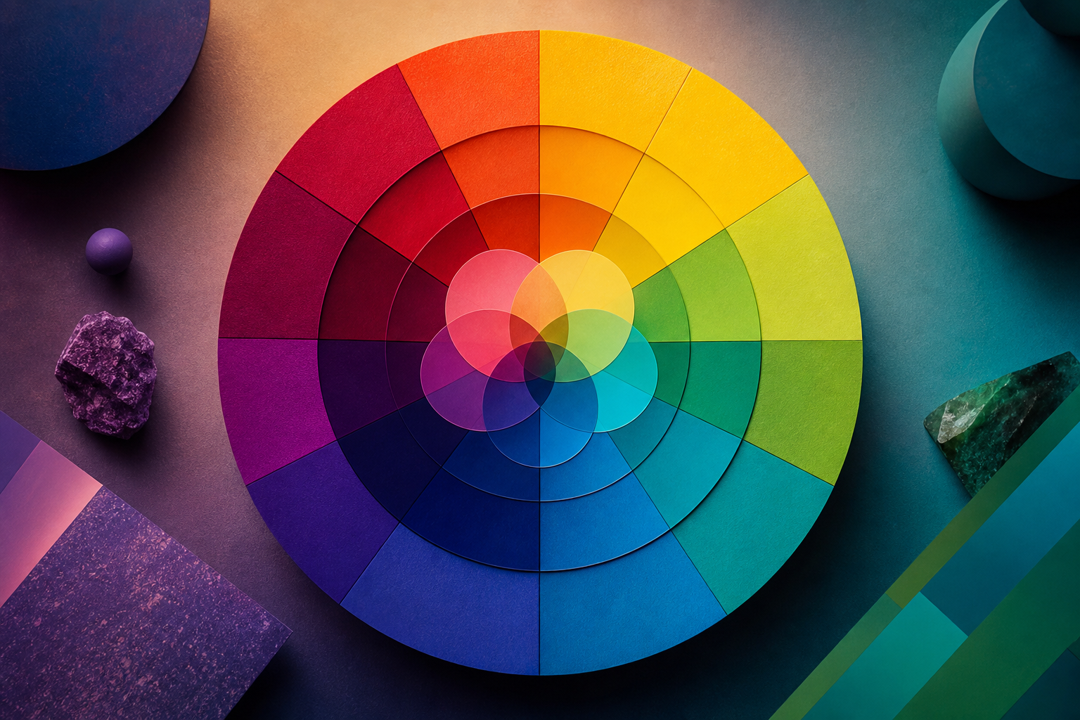 Abstract color wheel with overlapping hues and gradients, representing color theory principles for modern design.