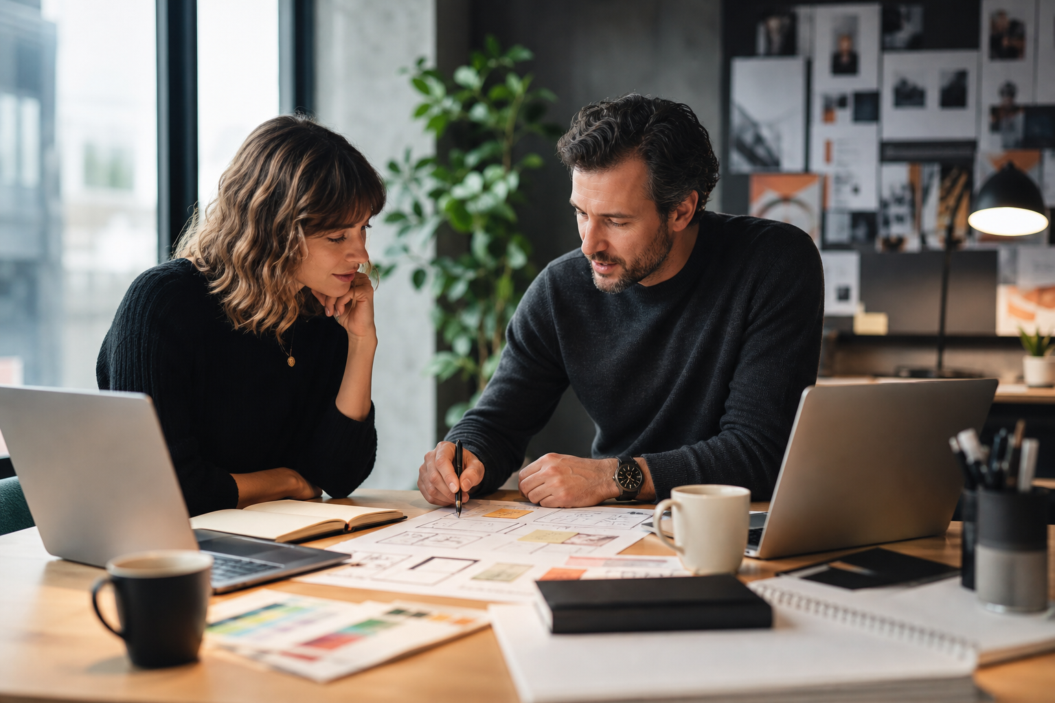 Professional designer collaborating on a creative brief document with client, showcasing laptops, sketchbooks, and coffee on a modern office table.