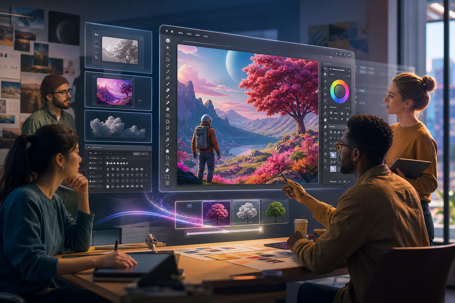 Abstract digital design showcasing Adobe Photoshop 2026 interface elements and generative AI capabilities, with a diverse group of designers collaborating.