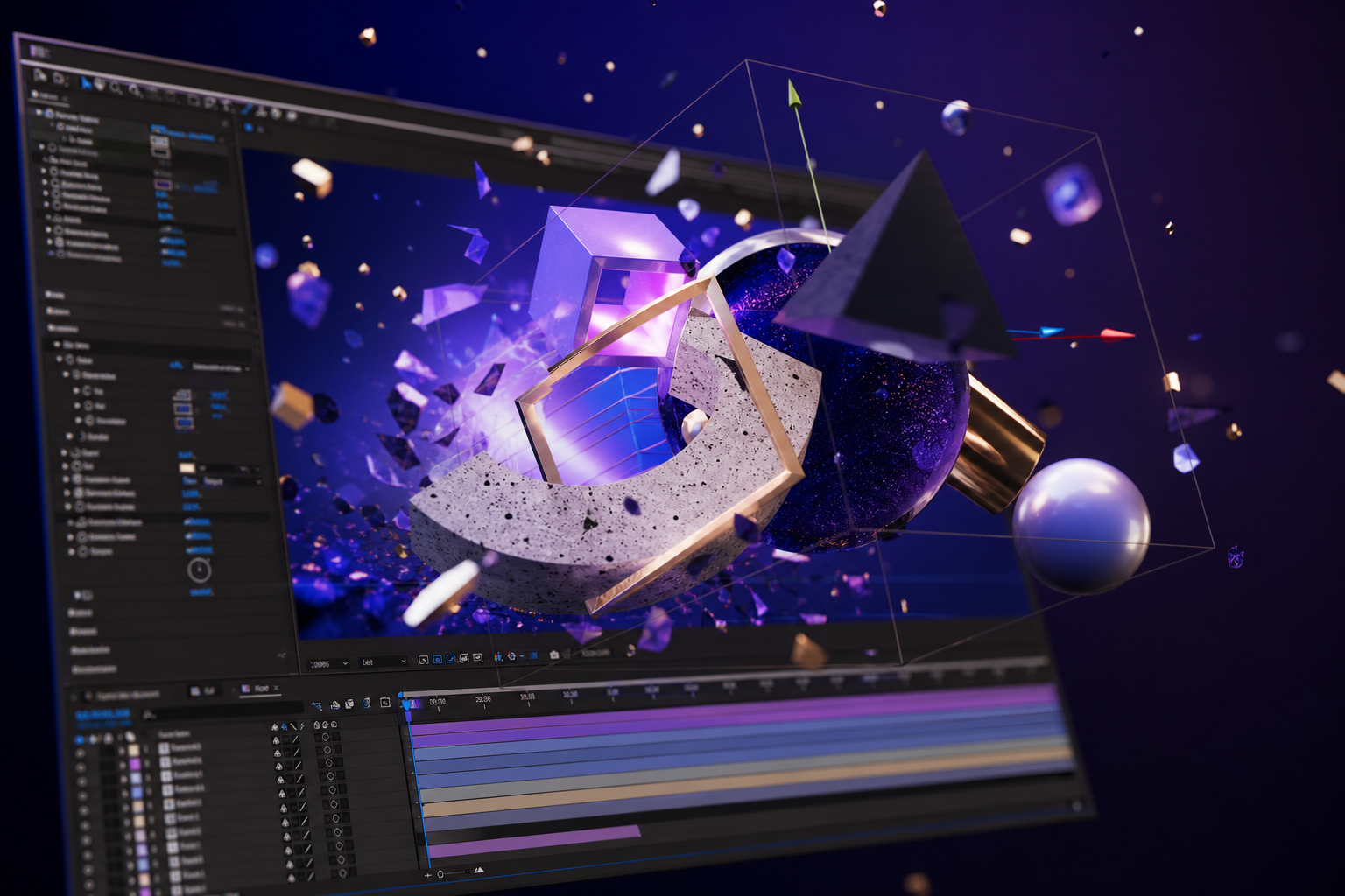 3D animated geometric shapes and text interacting within an After Effects interface, symbolizing enhanced native 3D capabilities