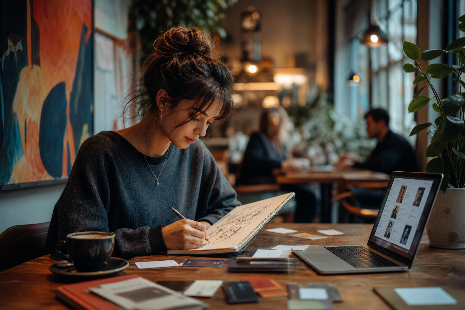 Thoughtful introverted creative person sketching in a quiet cafe, surrounded by subtle networking elements like business cards or a laptop with a professional profile open.