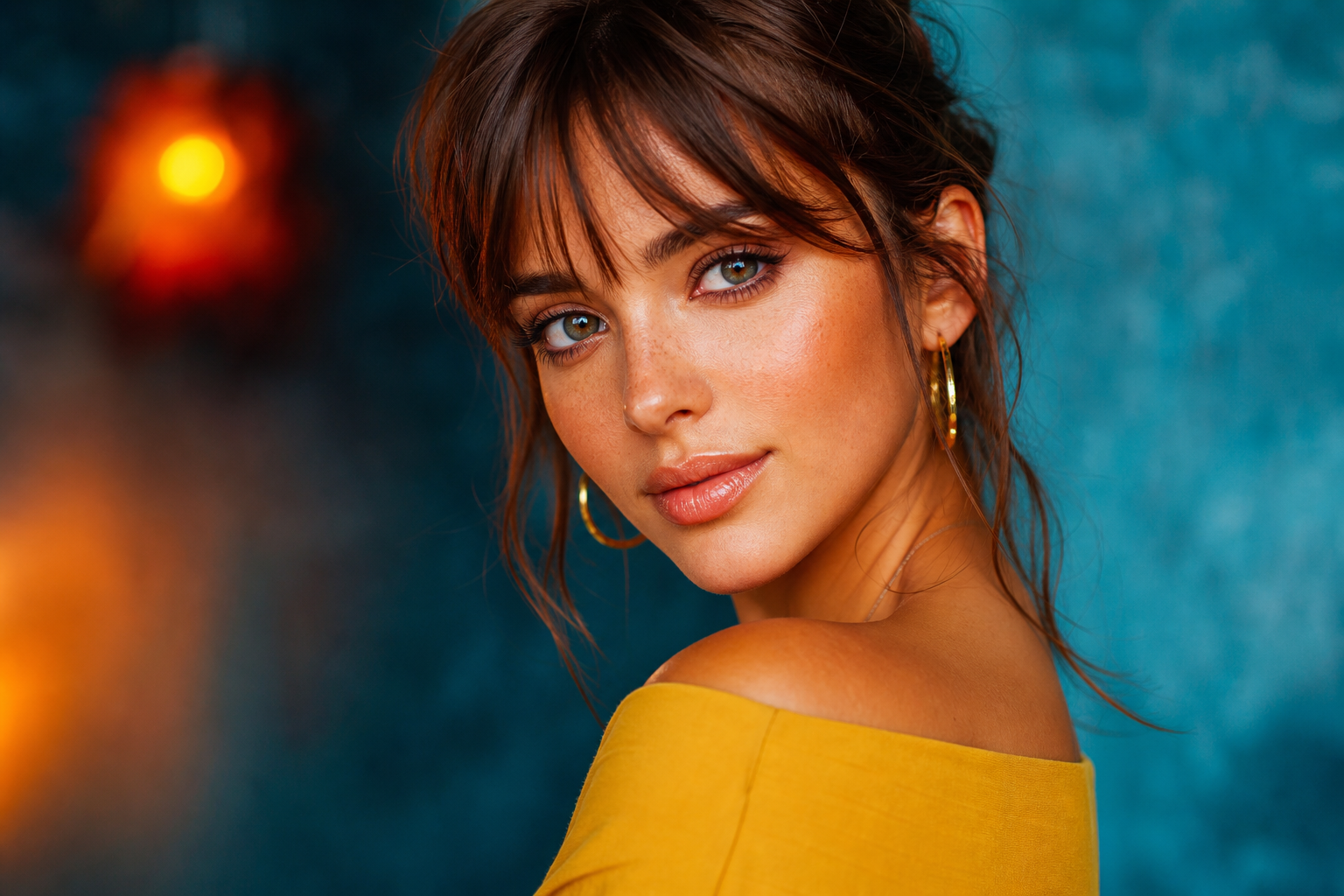 Close-up portrait showcasing vibrant colors with natural skin tones, edited using Photoshop's Vibrance adjustment layer, with a blurred studio background.