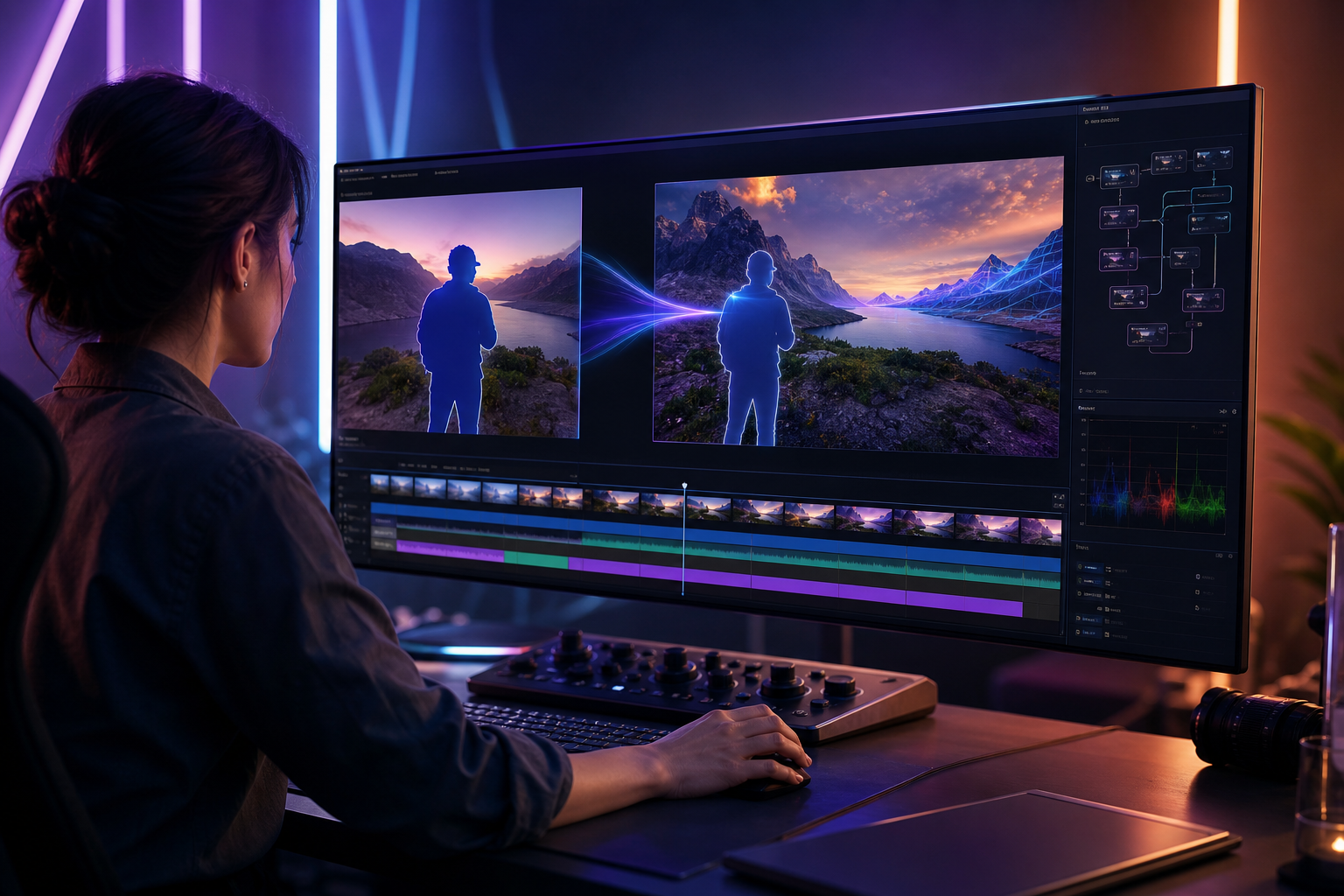 Futuristic video editing interface highlighting AI Object Mask and Generative Extend features in Adobe Premiere Pro 2026.