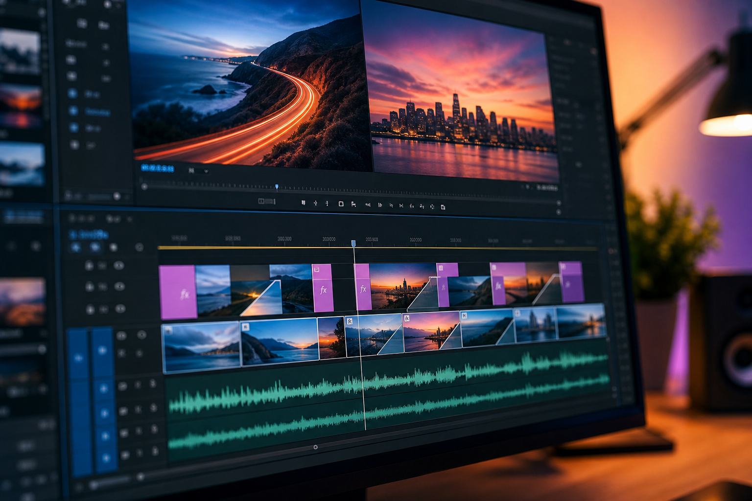 A close-up of a computer screen showing Adobe Premiere Pro timeline with various video clips and transition effects applied, representing professional video editing.