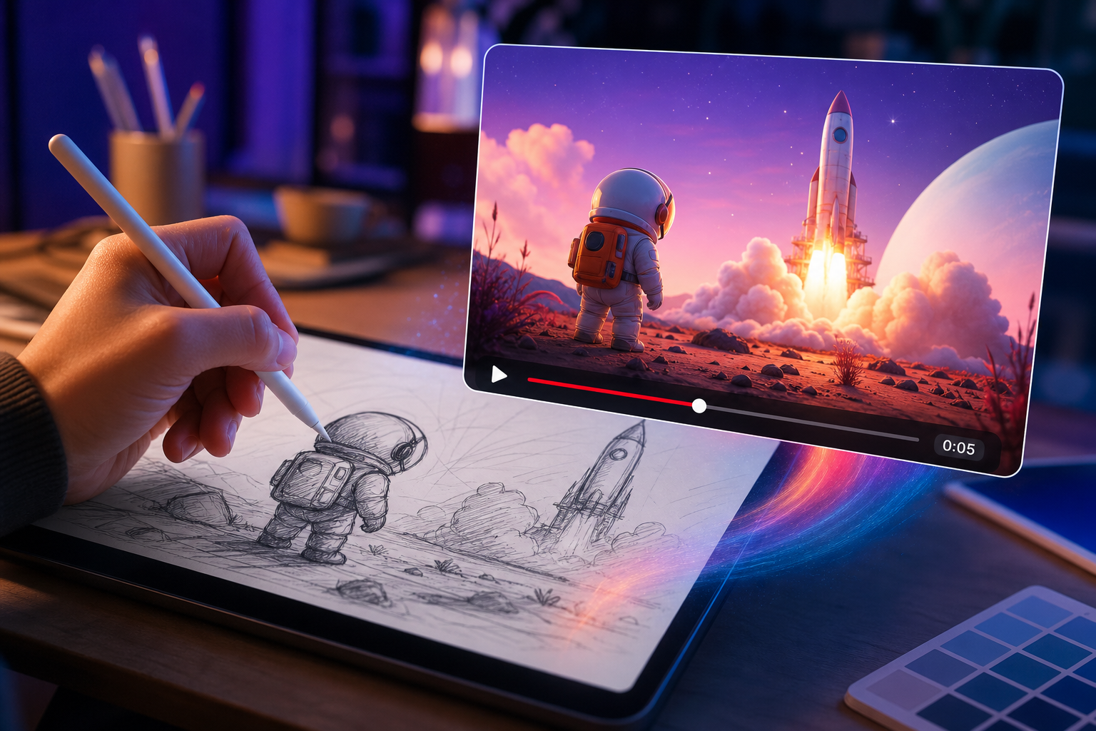 A hand holding a stylus drawing a sketch on a tablet, with an overlay showing an animated 5-second video clip generated by Adobe Firefly AI.