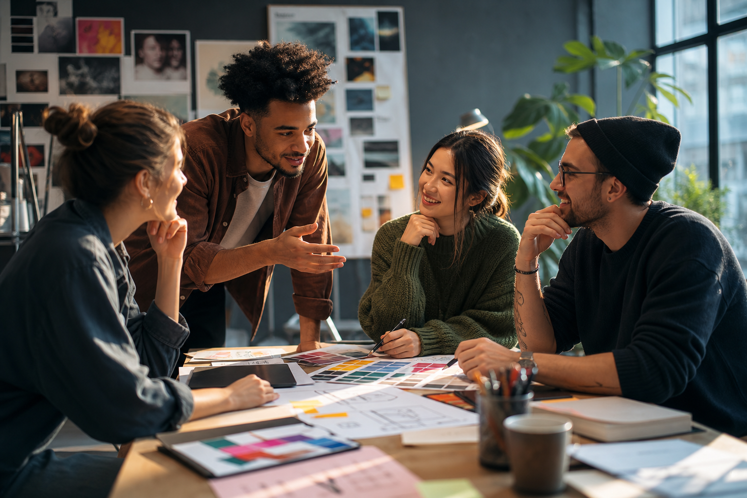 Creative professionals collaborating on a design project, showcasing teamwork and communication as essential soft skills for designers.