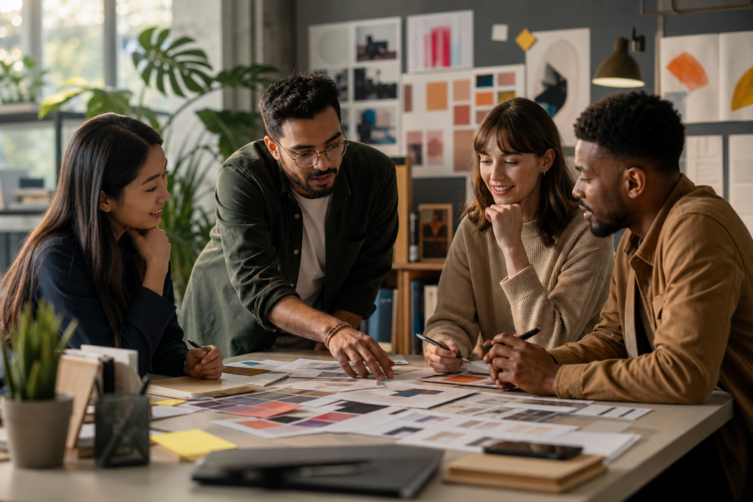 Designers collaborating on a project, showcasing strong communication and teamwork, illustrating essential soft skills for designers in a professional setting.