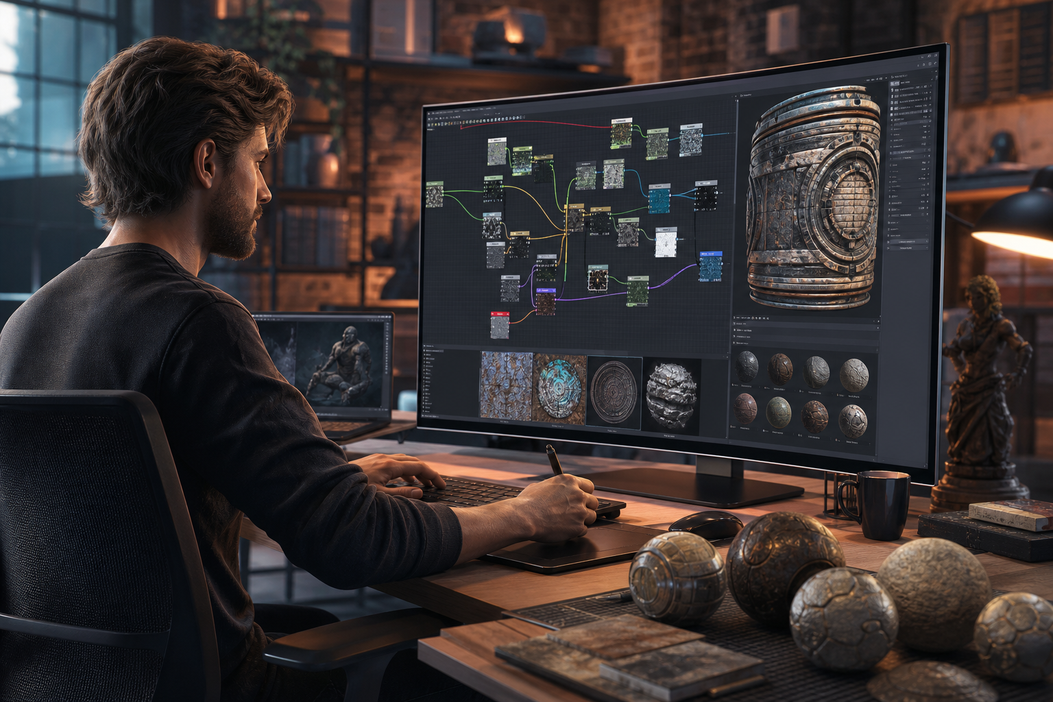 3D artist working on a complex Substance 3D Designer graph with new flexible shape tools, showcasing advanced procedural material creation.
