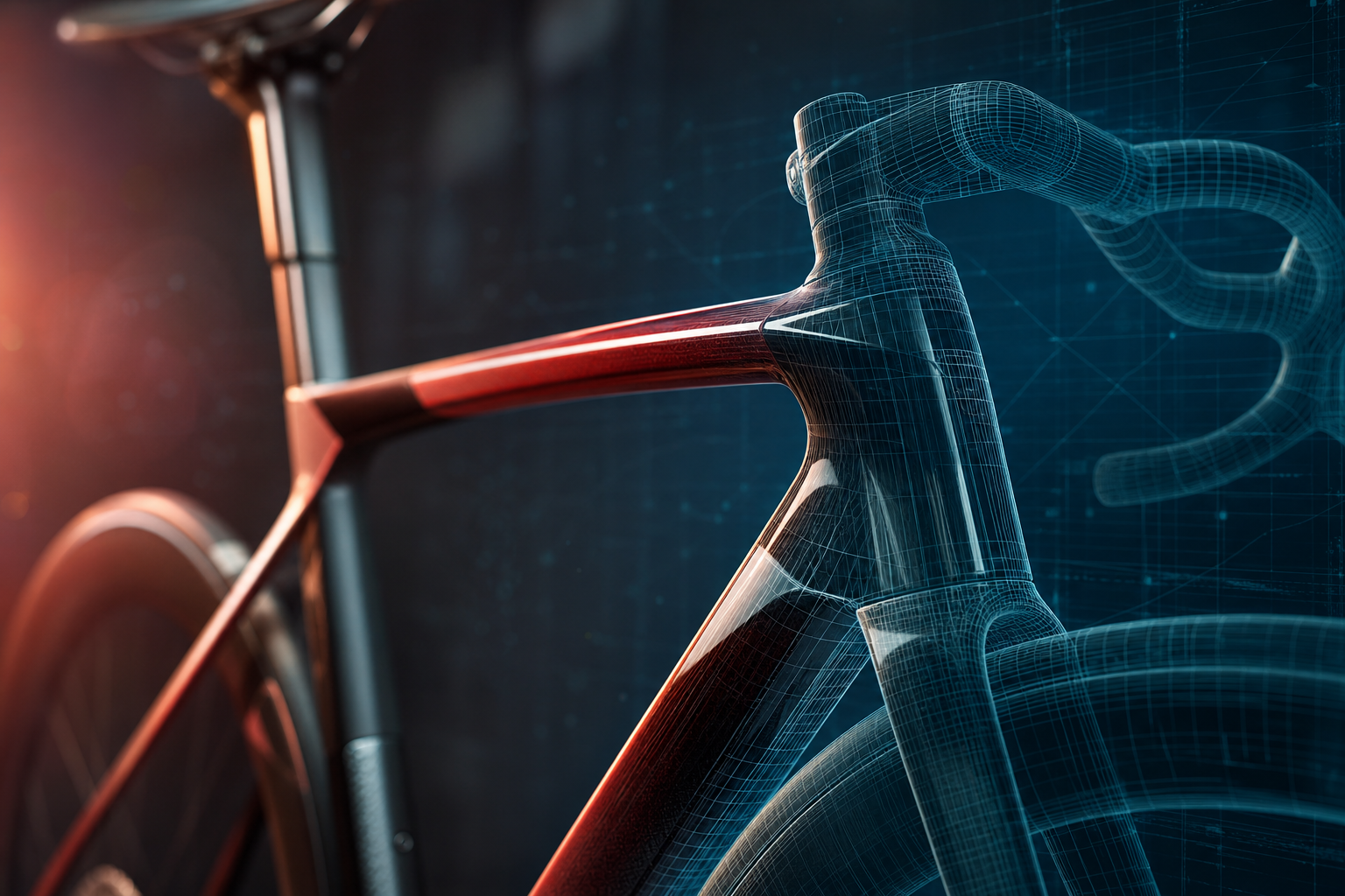 Close-up of a high-performance Trek bicycle frame with a subtle digital overlay, symbolizing a digital twin created with Adobe Substance 3D.