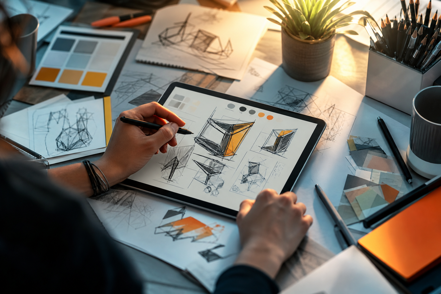 A designer's hands sketching ideas on a tablet, surrounded by design tools and notes, symbolizing creative confidence and the design process.