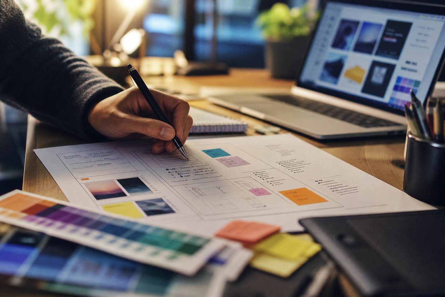 Close-up of a designer's hand writing notes on a creative brief document with a laptop and design tools in the background, symbolizing strategic planning and project initiation.
