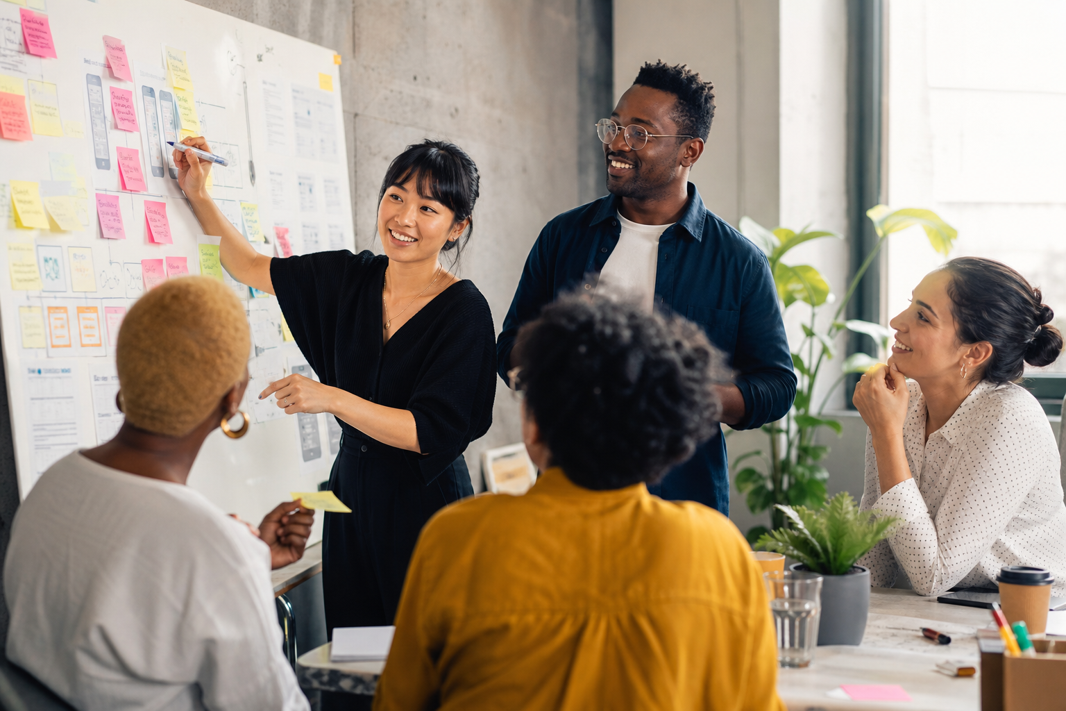 A diverse group of people collaborating around a whiteboard, using sticky notes and markers, symbolizing low-cost user research and design thinking workshops