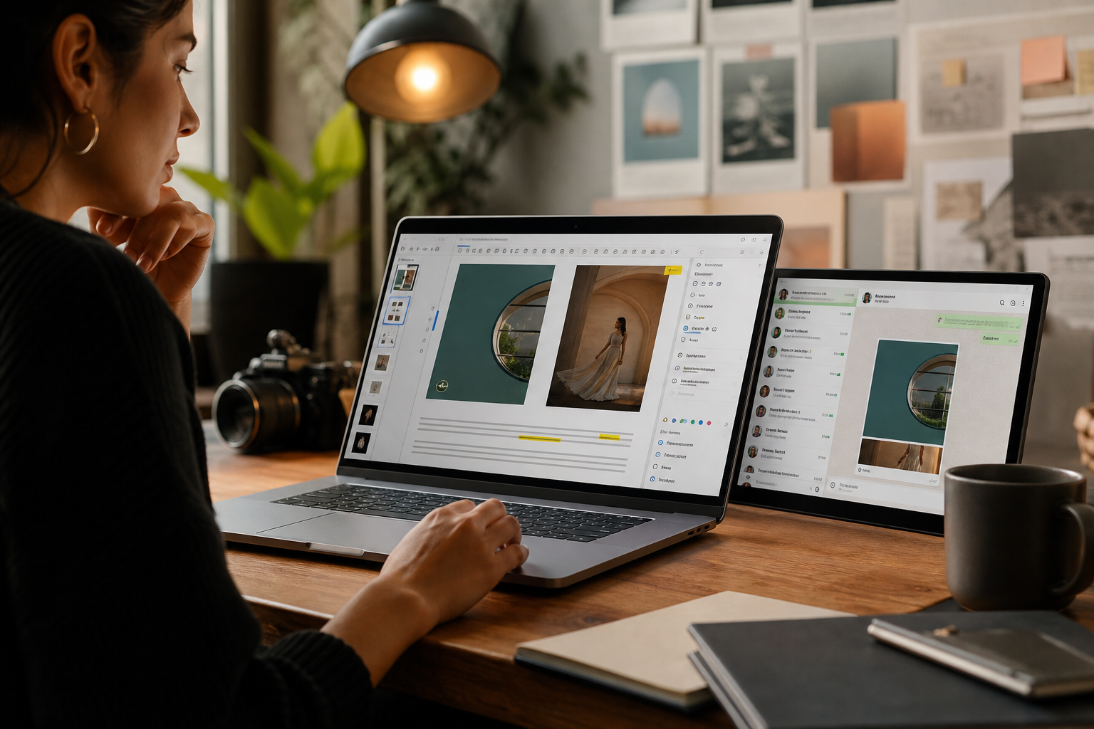 Creative professional uses Adobe Acrobat to edit a PDF on a laptop with WhatsApp Web open on the side, demonstrating seamless workflow integration.