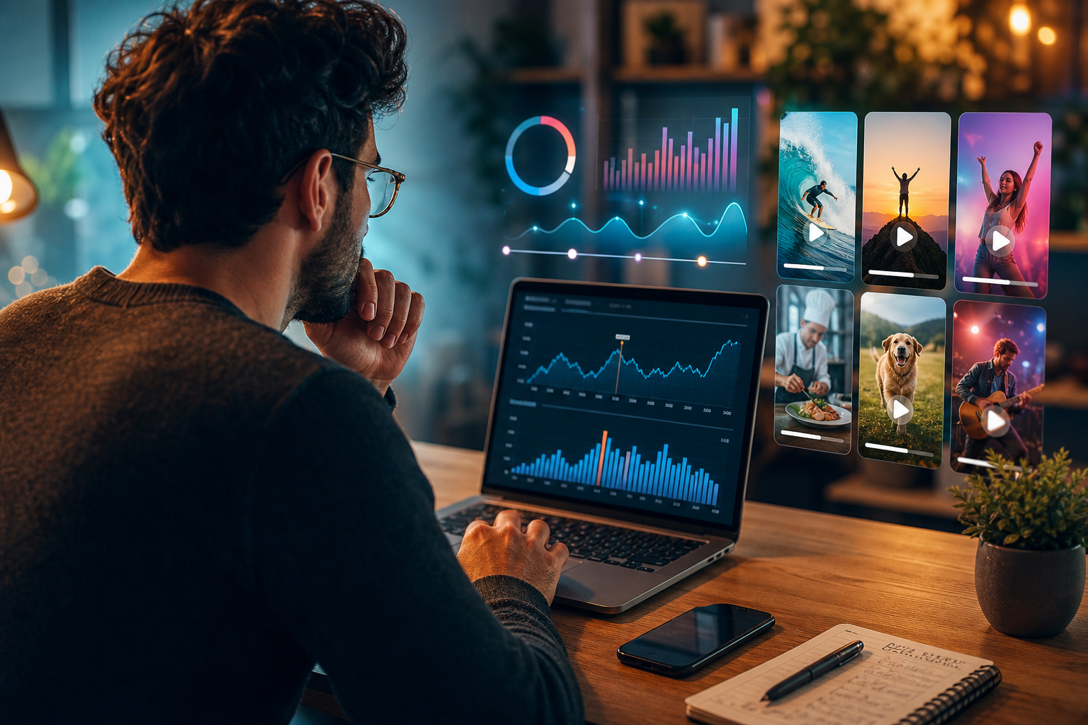Creative professional analyzing YouTube Shorts analytics on a laptop, with graphs and short videos visible, representing optimal length and strategy trends for 2026.